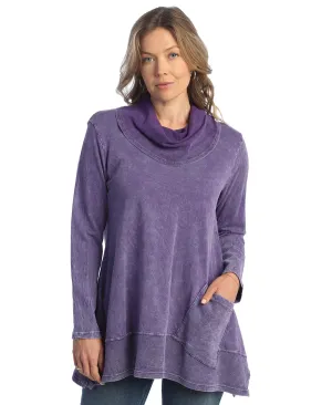 100% Cotton Mineral Washed Cowl Neck Tunic With Pocket