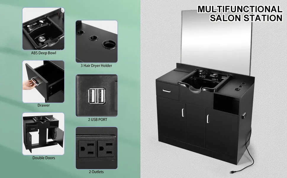 #10094 Shampoo Station with Mirror, All in One Backwash Sink with USB, 110V Outlets, Hair Dryer Holes and P Trap