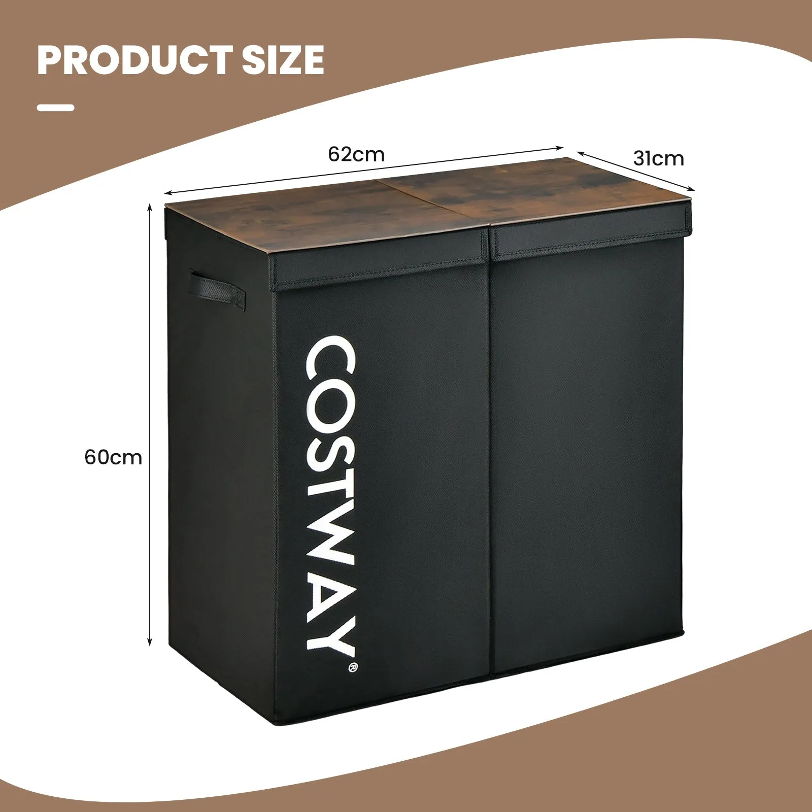 105L Laundry Hamper with Wooden Lid and 2 Sections-Black