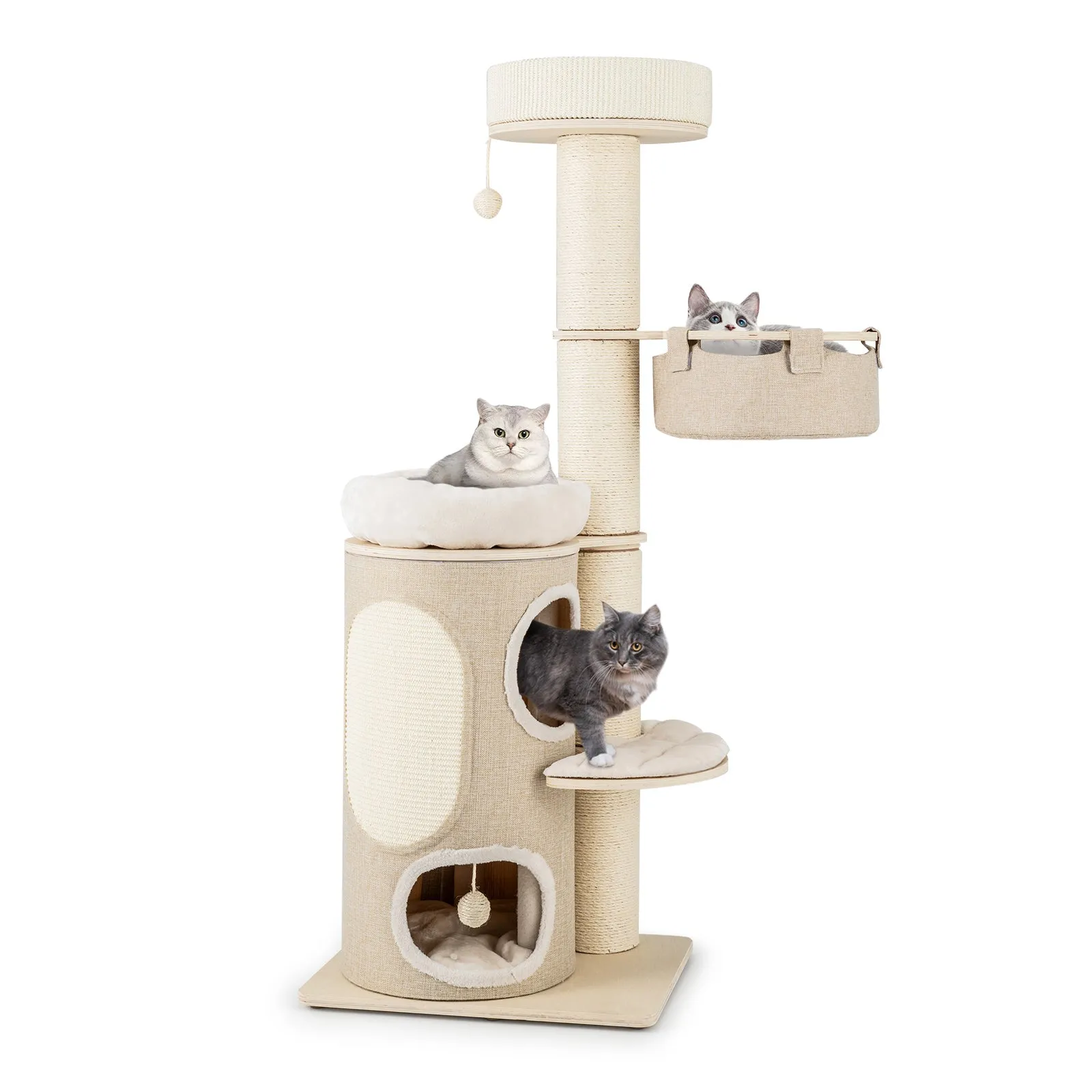 154CM Multi-level Cat Tree with 2-stoery Condo and Top Perch-Natural