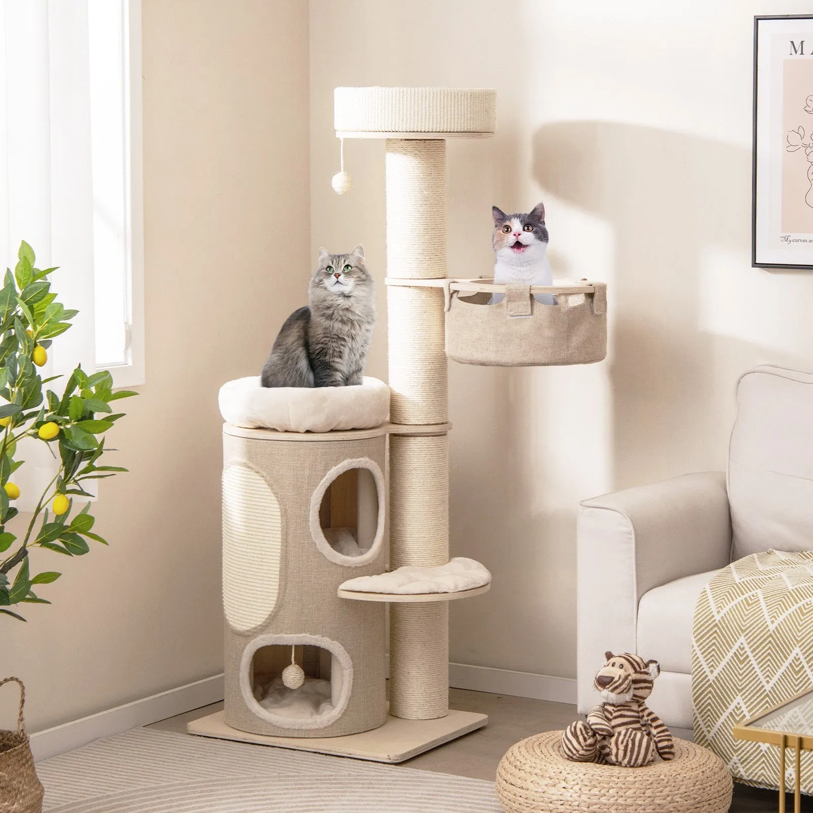 154CM Multi-level Cat Tree with 2-stoery Condo and Top Perch-Natural