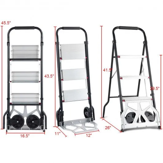 2-in-1 Convertible 3-Step Ladder Hand Truck with Two Wheels