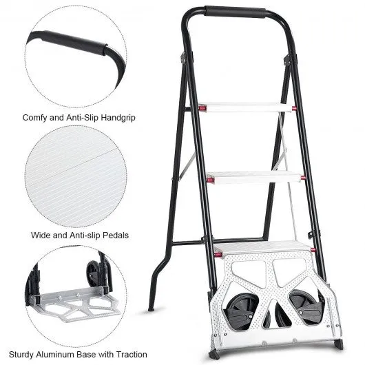 2-in-1 Convertible 3-Step Ladder Hand Truck with Two Wheels