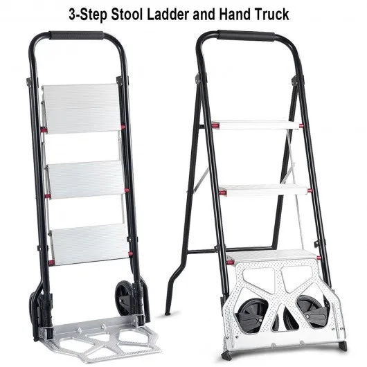 2-in-1 Convertible 3-Step Ladder Hand Truck with Two Wheels