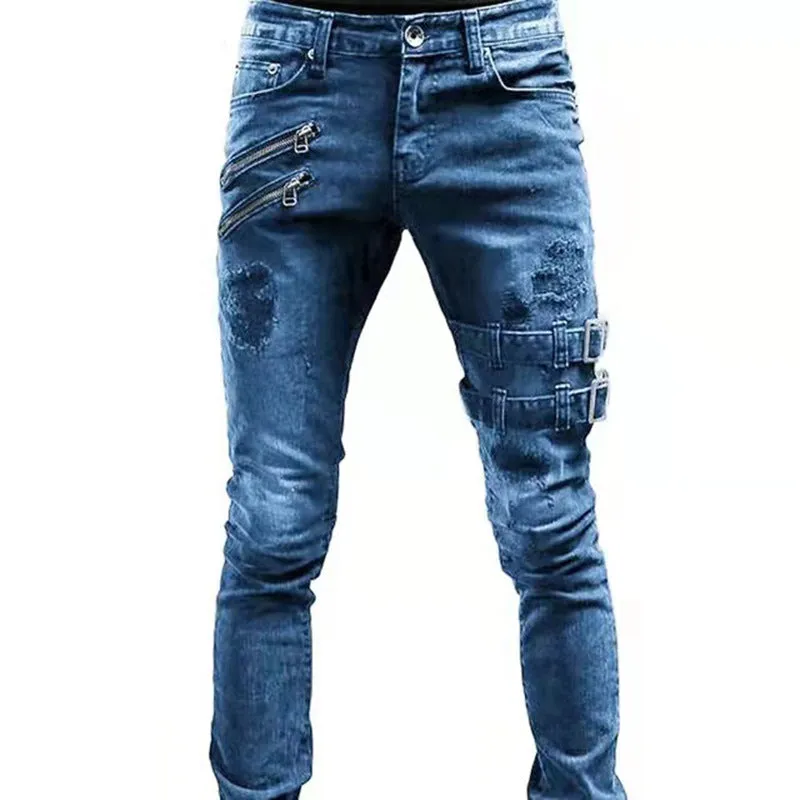 2024 Europe and America Cross Border  Wish Personality Trend Worn Ripped Motorcycle Skinny Jeans Men J019