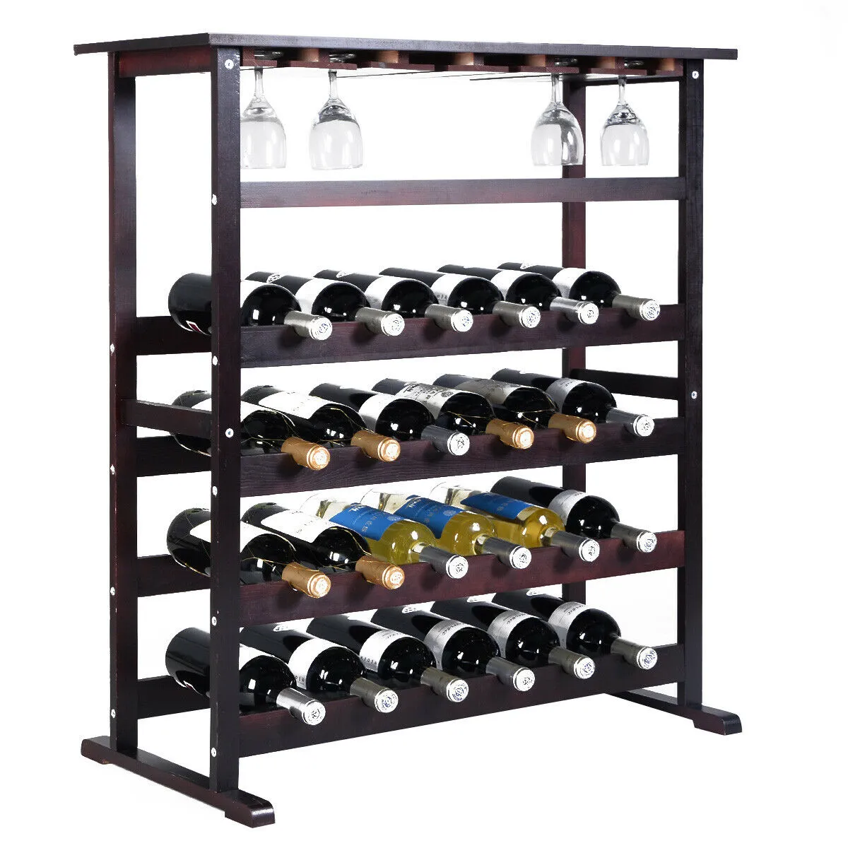 24 Bottle Wood Storage Wine Rack 18 Glass Holder Wine Display Stand Shelf