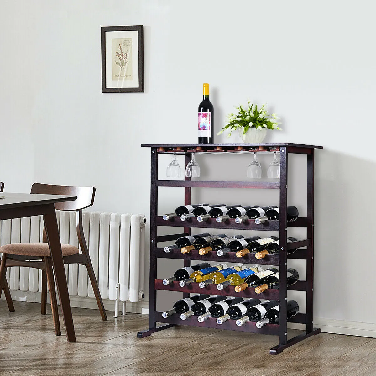 24 Bottle Wood Storage Wine Rack 18 Glass Holder Wine Display Stand Shelf