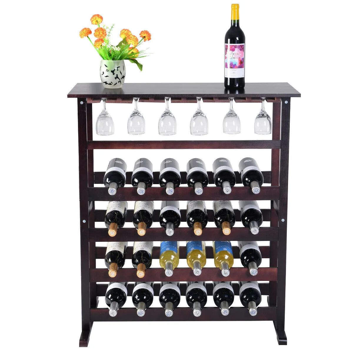 24 Bottle Wood Storage Wine Rack 18 Glass Holder Wine Display Stand Shelf