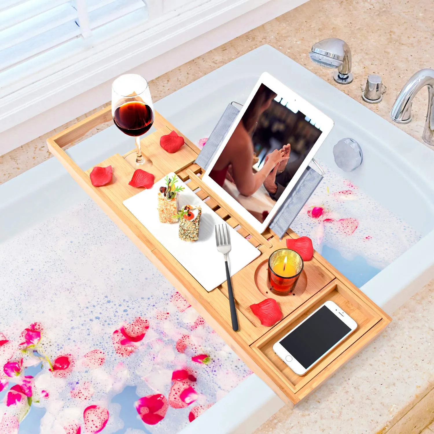 Adjustable Bamboo Bath Tray Caddy with Wineglass Holder