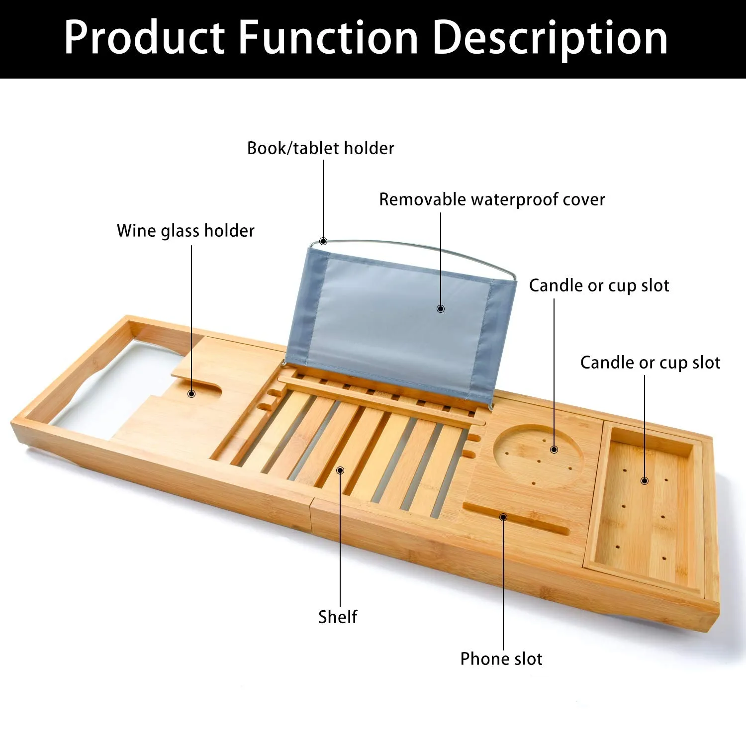 Adjustable Bamboo Bath Tray Caddy with Wineglass Holder