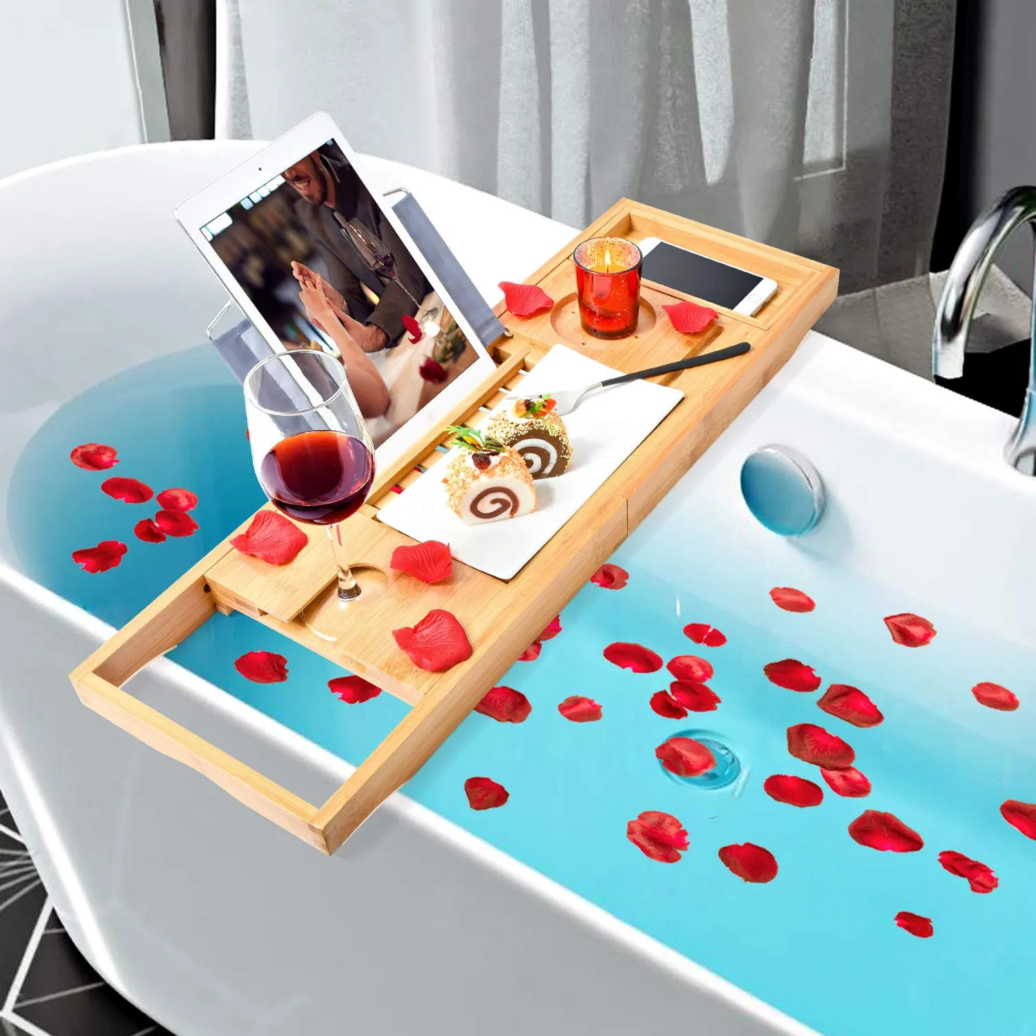 Adjustable Bamboo Bath Tray Caddy with Wineglass Holder