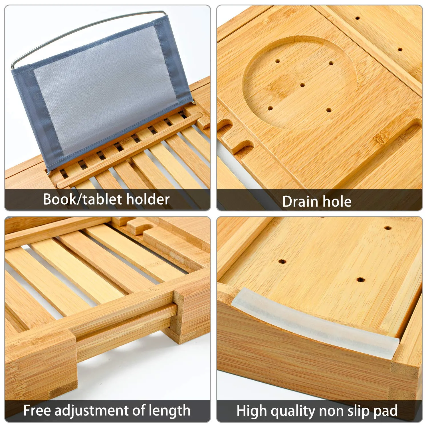 Adjustable Bamboo Bath Tray Caddy with Wineglass Holder