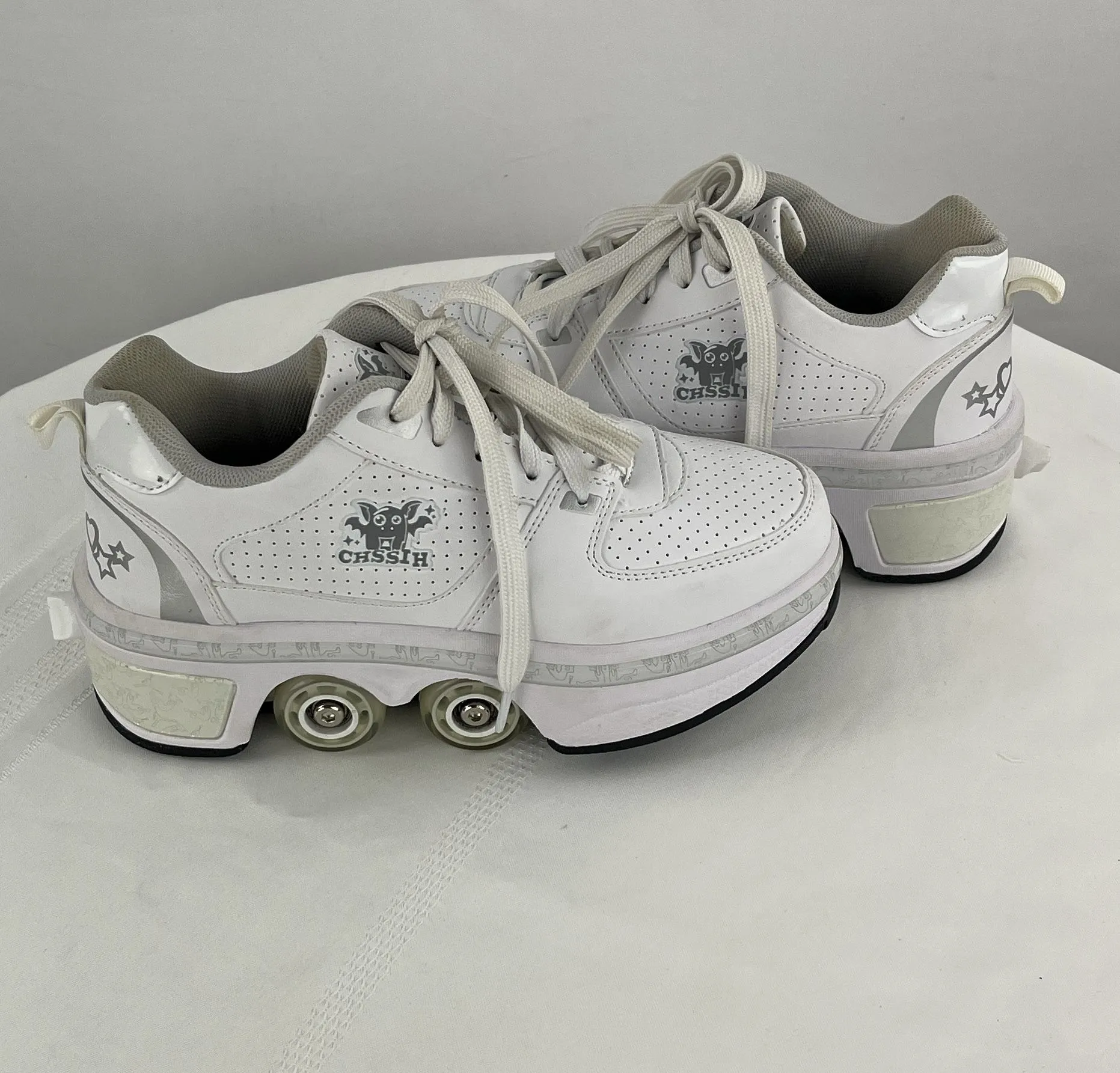 Agloat Shssih White Leather Retractable Roller Skates Sneakers Pop Up Kids 5