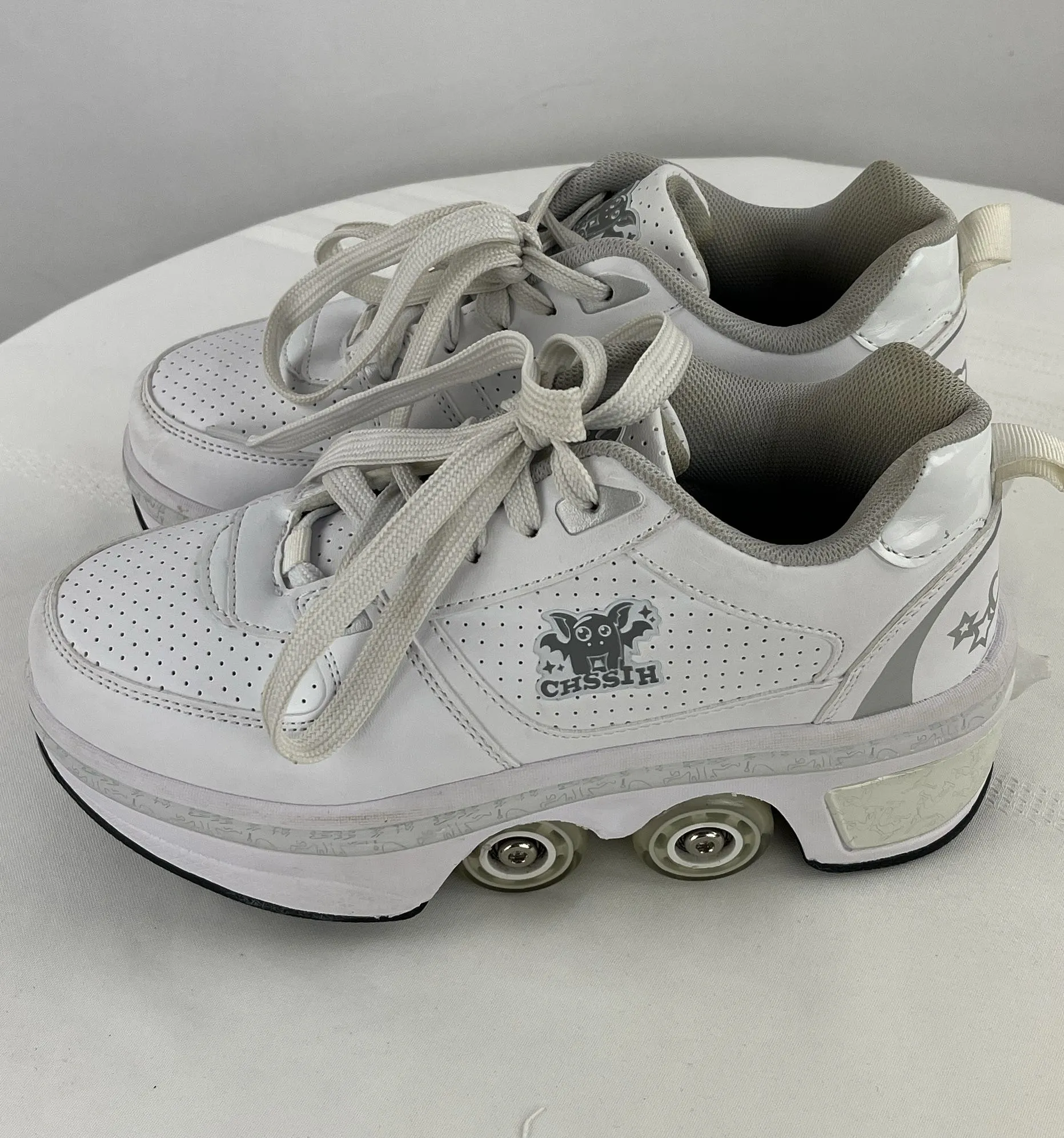 Agloat Shssih White Leather Retractable Roller Skates Sneakers Pop Up Kids 5