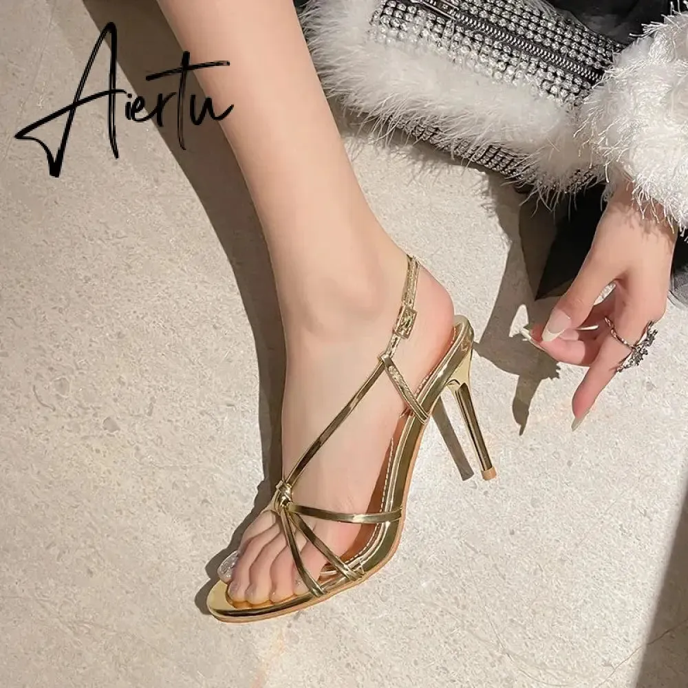 Aiertu  2024 Summer Luxury Women Sandals Fashion Cross Buckle High Heels Gold Silver Sandals Banquet Party Wedding Shoes