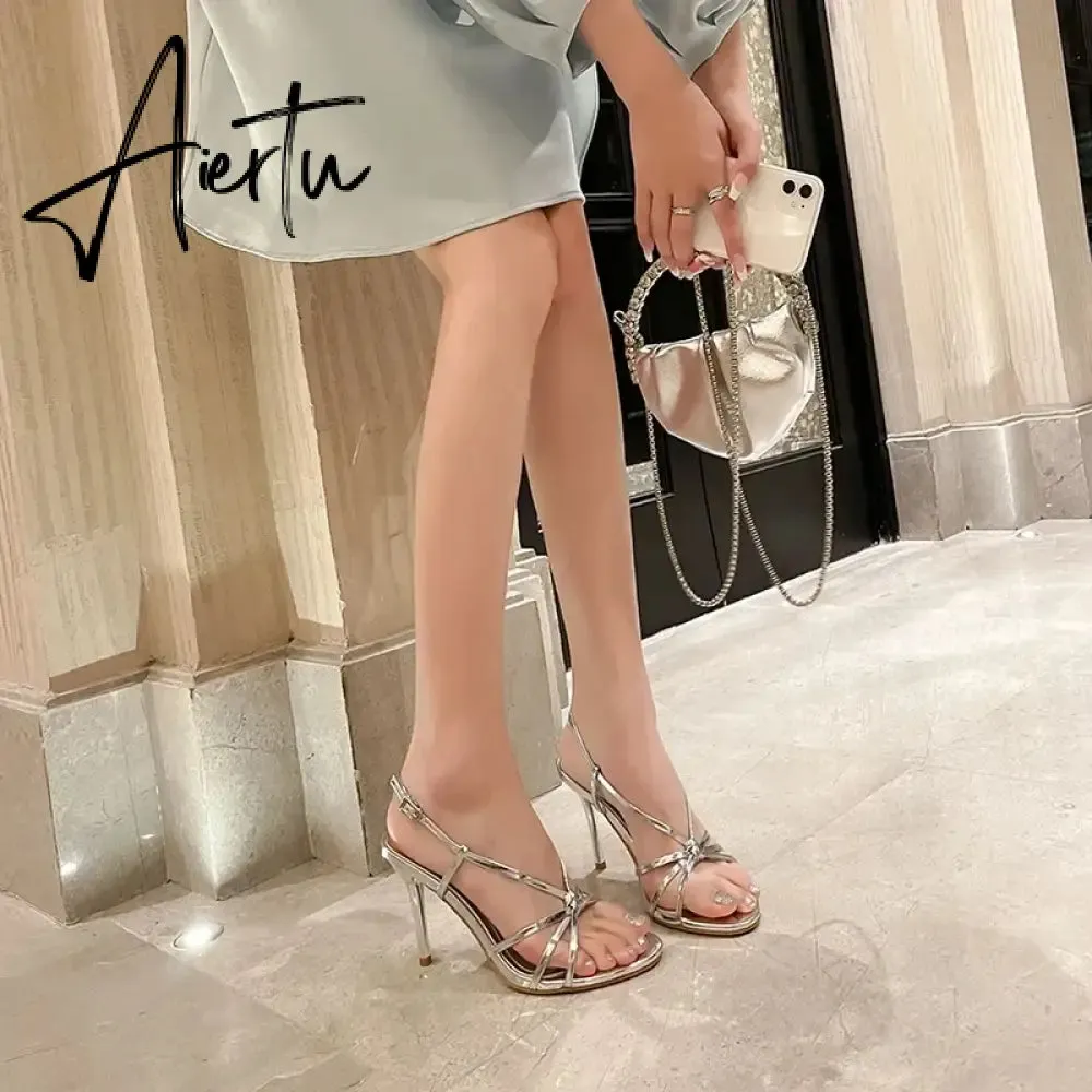 Aiertu  2024 Summer Luxury Women Sandals Fashion Cross Buckle High Heels Gold Silver Sandals Banquet Party Wedding Shoes