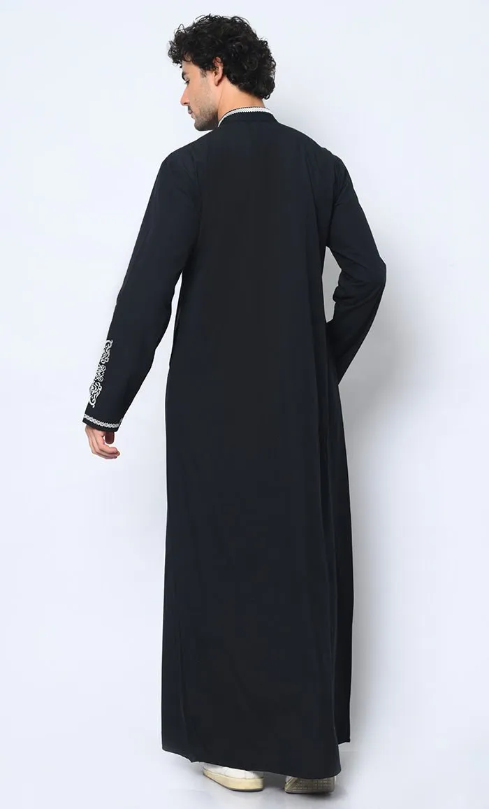 Arabic Elegance: Men's Embroidered Black Thobe With Pockets