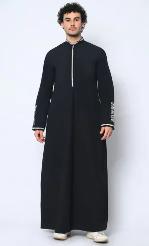 Arabic Elegance: Men's Embroidered Black Thobe With Pockets