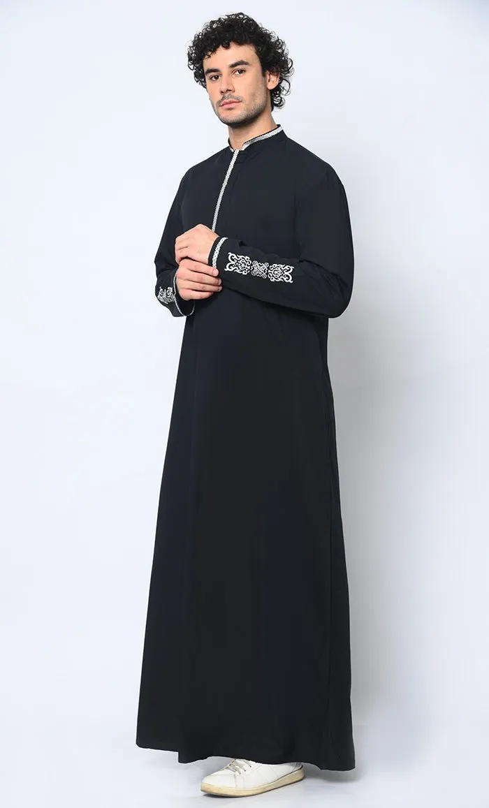 Arabic Elegance: Men's Embroidered Black Thobe With Pockets