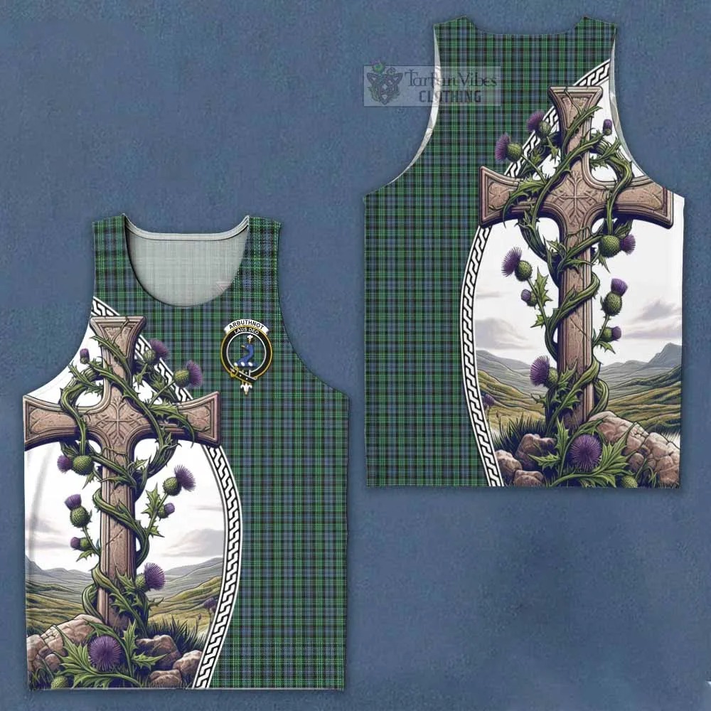 Arbuthnot Tartan Men's Tank Top with Family Crest and St. Andrew's Cross Accented by Thistle Vines