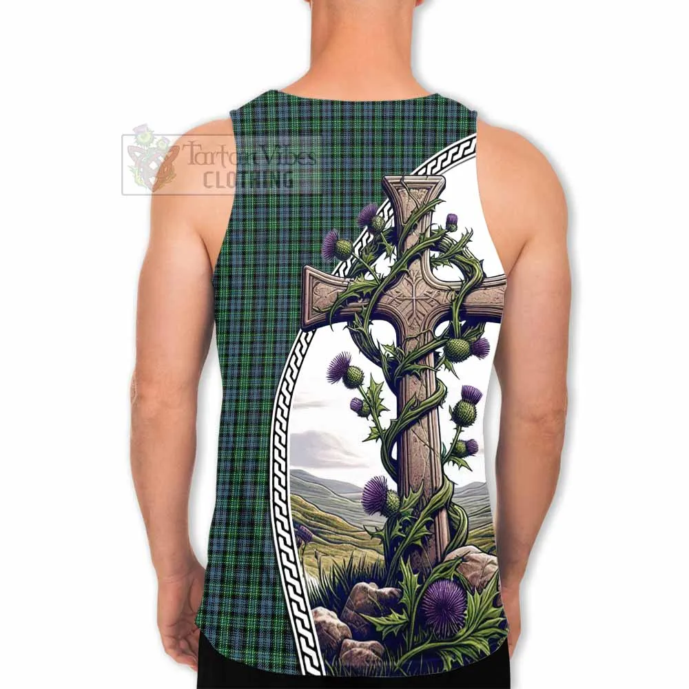 Arbuthnot Tartan Men's Tank Top with Family Crest and St. Andrew's Cross Accented by Thistle Vines