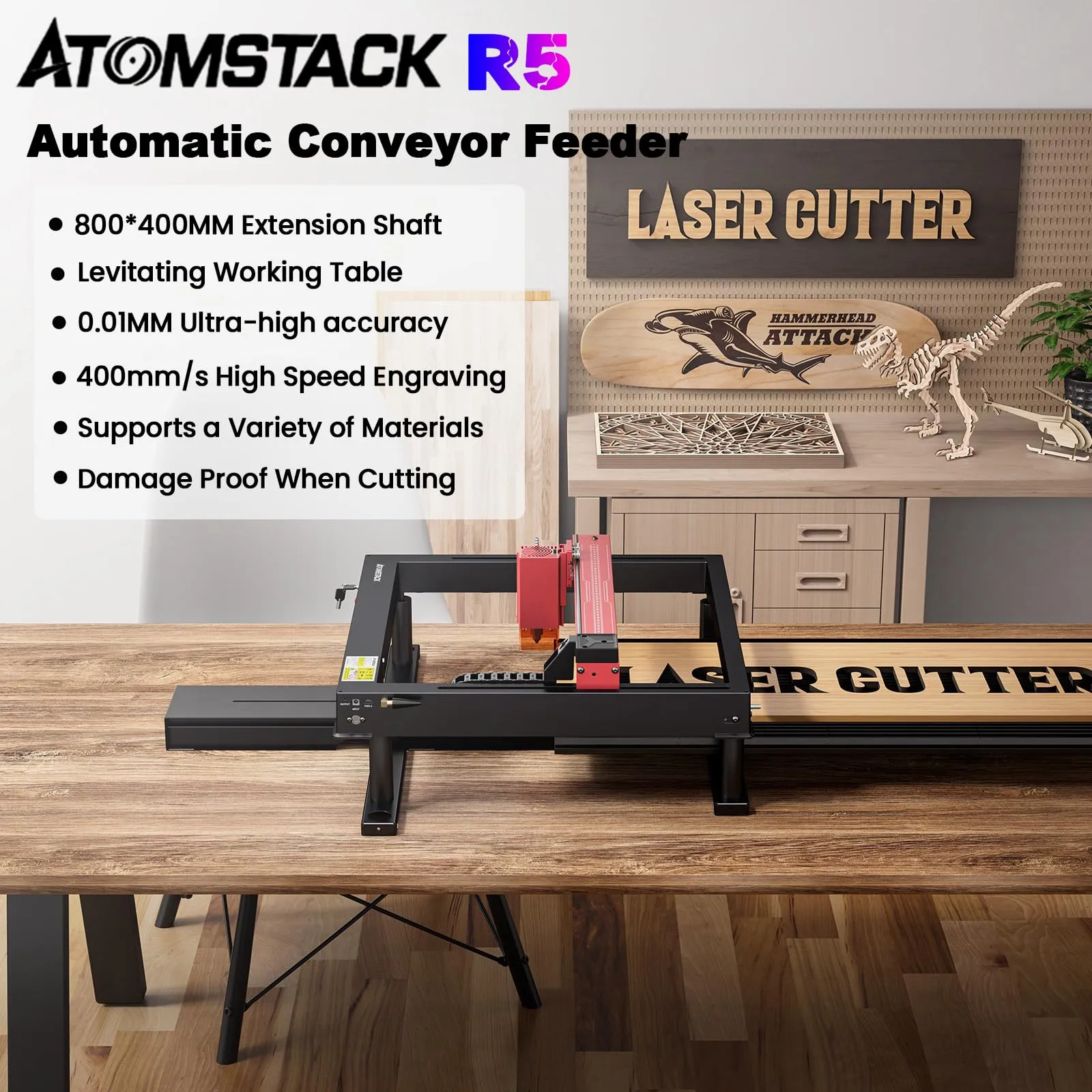 ATOMSTACK R5 Automatic Conveyor Feeder for Laser Engraver, 800*400*40mm Ultra-large Levitating Working Table, Mobile Extension Kit with 400mm/s Max Speed, Support Batch Laser Engraving and Cutting