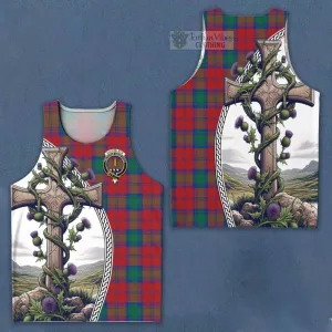 Auchinleck (Affleck) Tartan Men's Tank Top with Family Crest and St. Andrew's Cross Accented by Thistle Vines