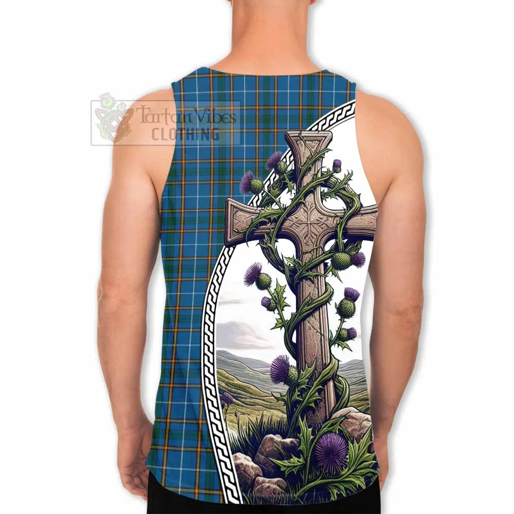 Bain Tartan Men's Tank Top with Family Crest and St. Andrew's Cross Accented by Thistle Vines