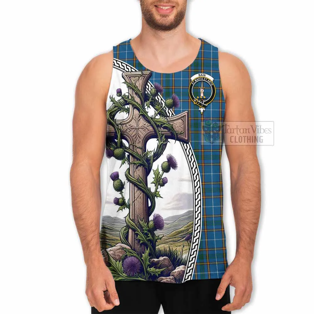 Bain Tartan Men's Tank Top with Family Crest and St. Andrew's Cross Accented by Thistle Vines