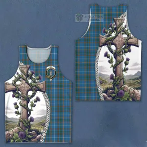 Bain Tartan Men's Tank Top with Family Crest and St. Andrew's Cross Accented by Thistle Vines