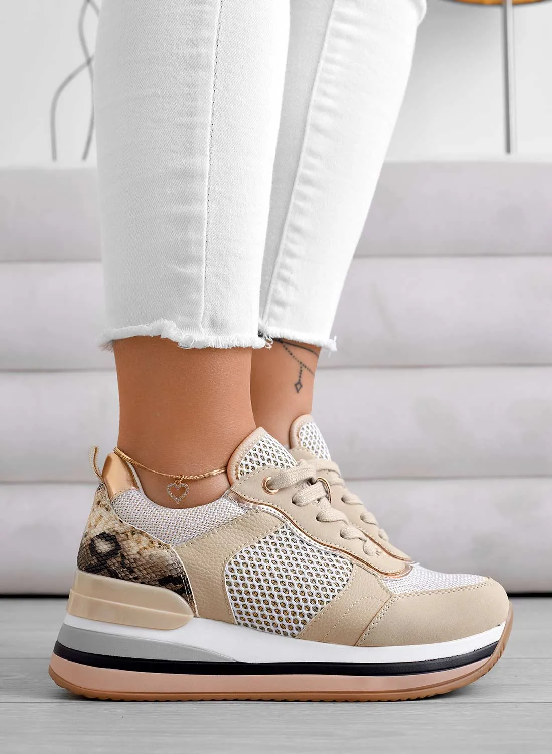 BALDWIN - Sneakers platform beige con inserti pitonati