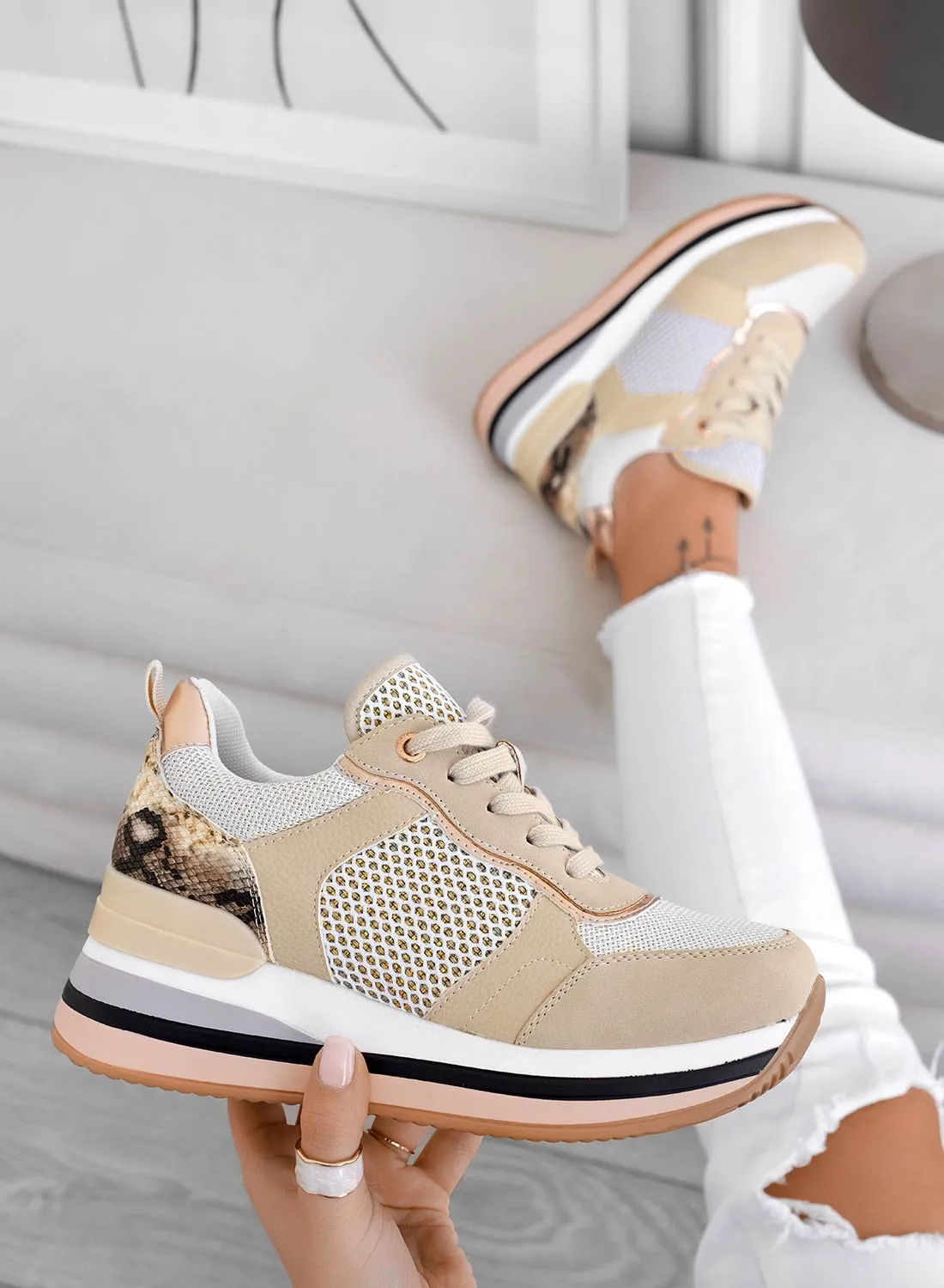 BALDWIN - Sneakers platform beige con inserti pitonati