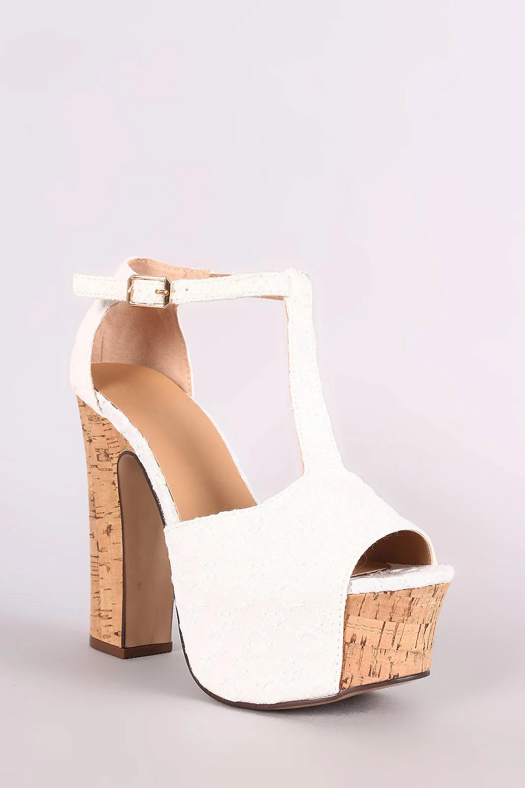 Bamboo Eyelet Lace Peep Toe T-Strap Chunky Platform Heel