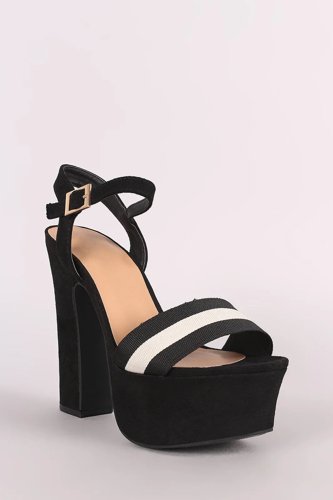 Bamboo Suede Striped Ankle Strap Chunky Platform Heel