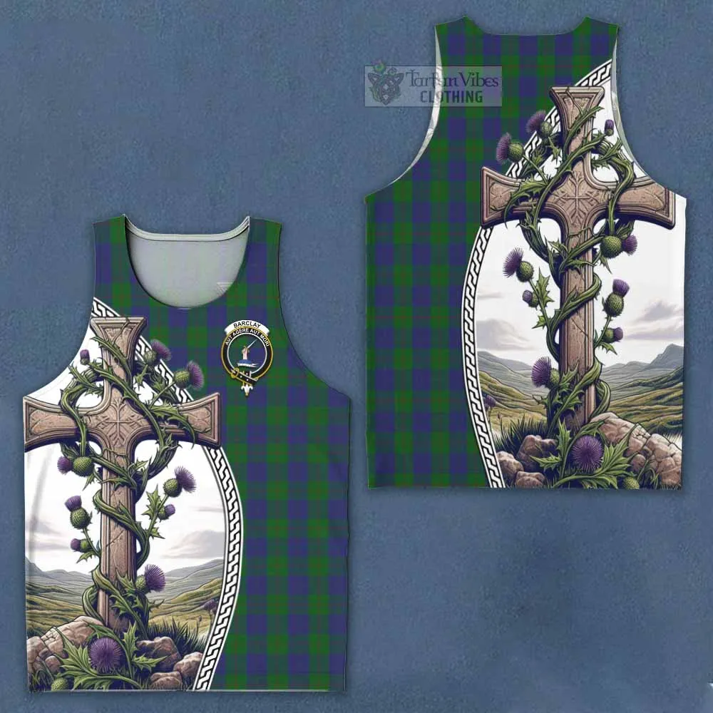 Barclay Tartan Men's Tank Top with Family Crest and St. Andrew's Cross Accented by Thistle Vines