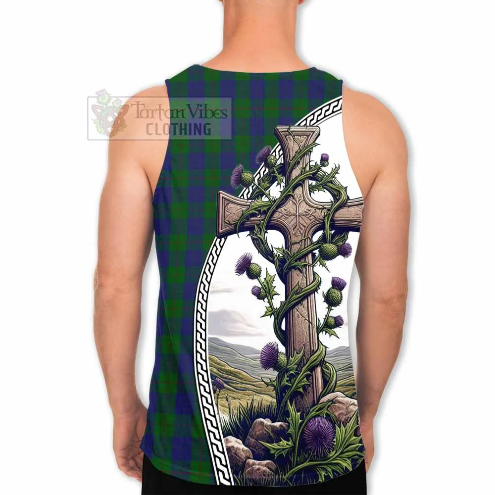 Barclay Tartan Men's Tank Top with Family Crest and St. Andrew's Cross Accented by Thistle Vines