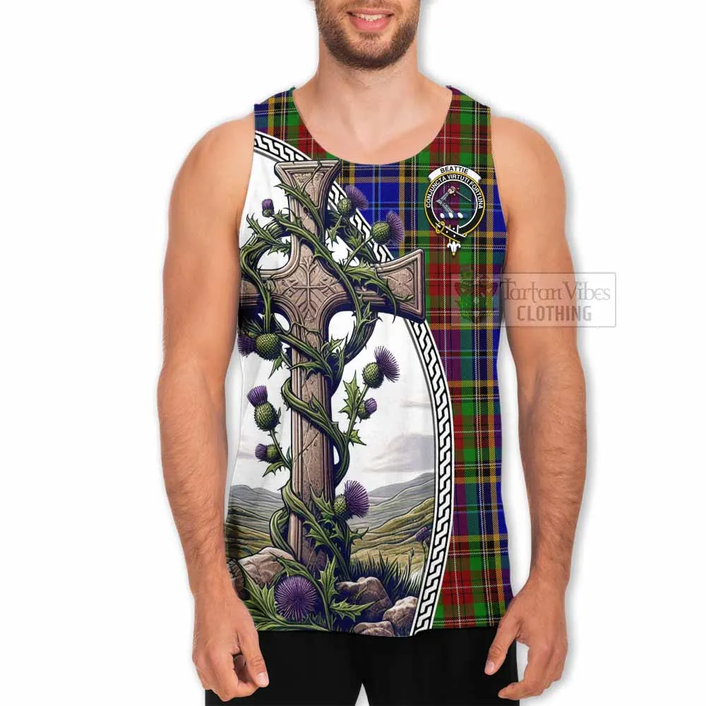 Beattie (Beatty) Tartan Men's Tank Top with Family Crest and St. Andrew's Cross Accented by Thistle Vines