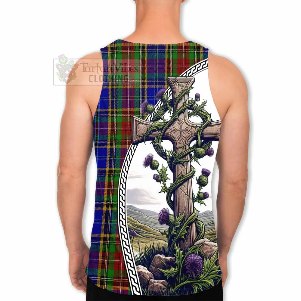 Beattie (Beatty) Tartan Men's Tank Top with Family Crest and St. Andrew's Cross Accented by Thistle Vines