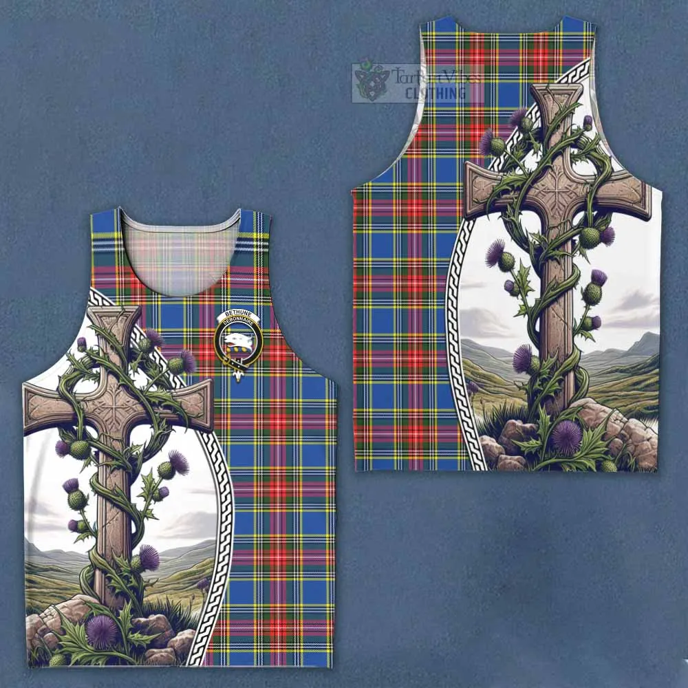 Bethune Tartan Men's Tank Top with Family Crest and St. Andrew's Cross Accented by Thistle Vines