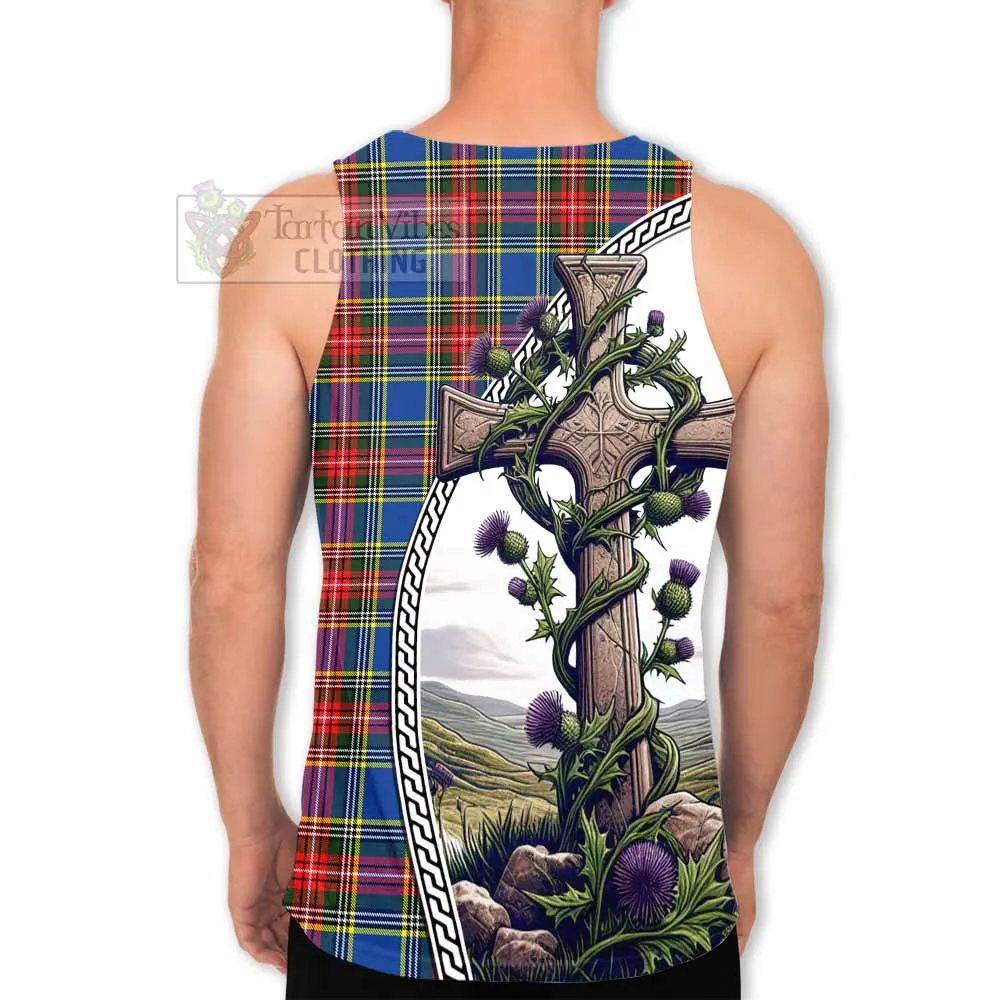 Bethune Tartan Men's Tank Top with Family Crest and St. Andrew's Cross Accented by Thistle Vines