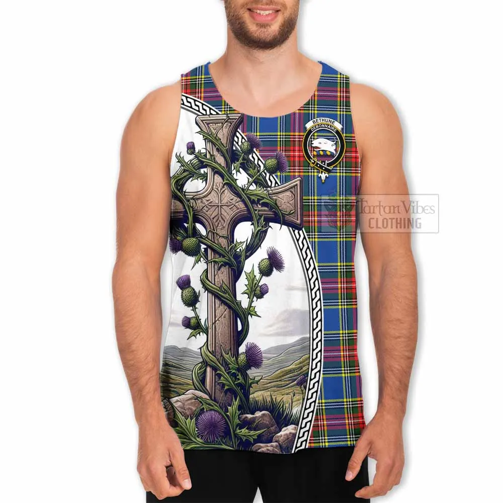 Bethune Tartan Men's Tank Top with Family Crest and St. Andrew's Cross Accented by Thistle Vines