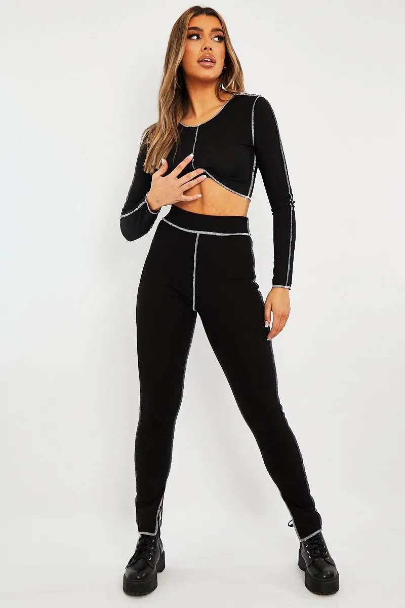 Black Contrast Stitch Split Hem Leggings - Ria