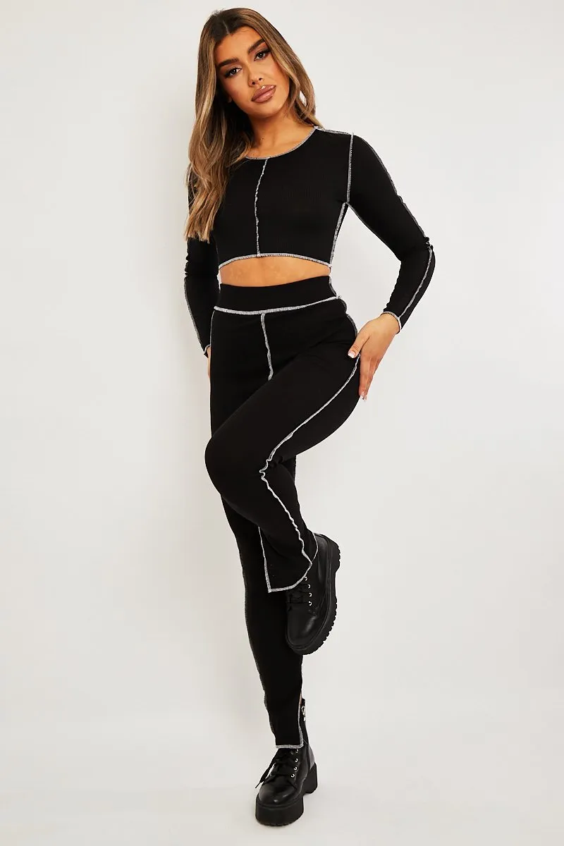 Black Contrast Stitch Split Hem Leggings - Ria