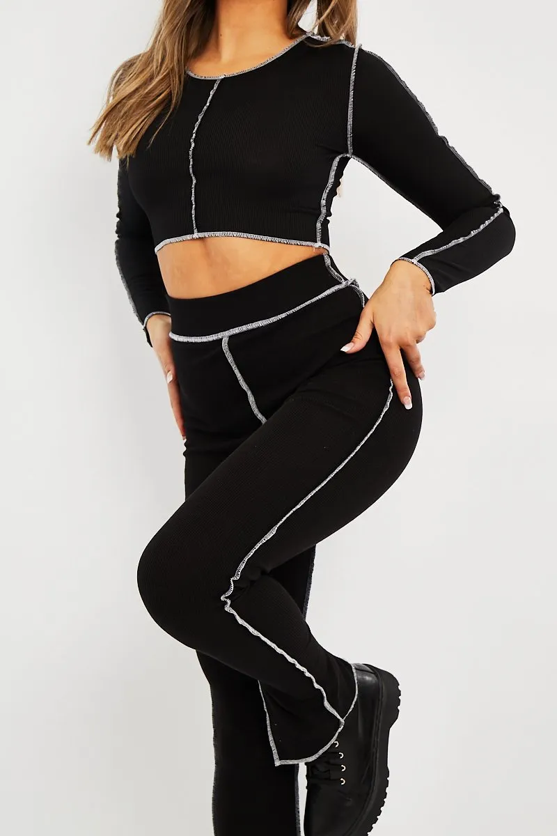 Black Contrast Stitch Split Hem Leggings - Ria