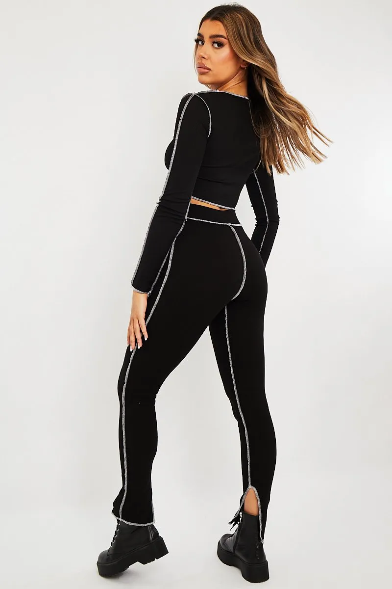 Black Contrast Stitch Split Hem Leggings - Ria