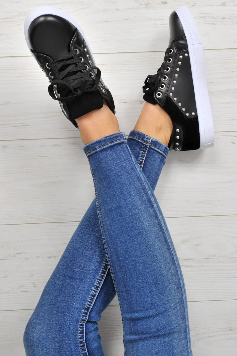 Black Lace Up Studded Trainers - Danaly