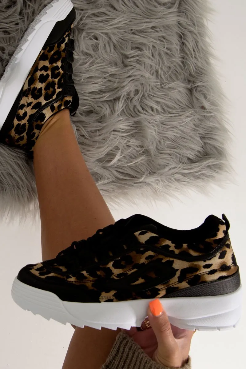 Black Leopard Print Lace Up Sole Detail Trainers - Talitha