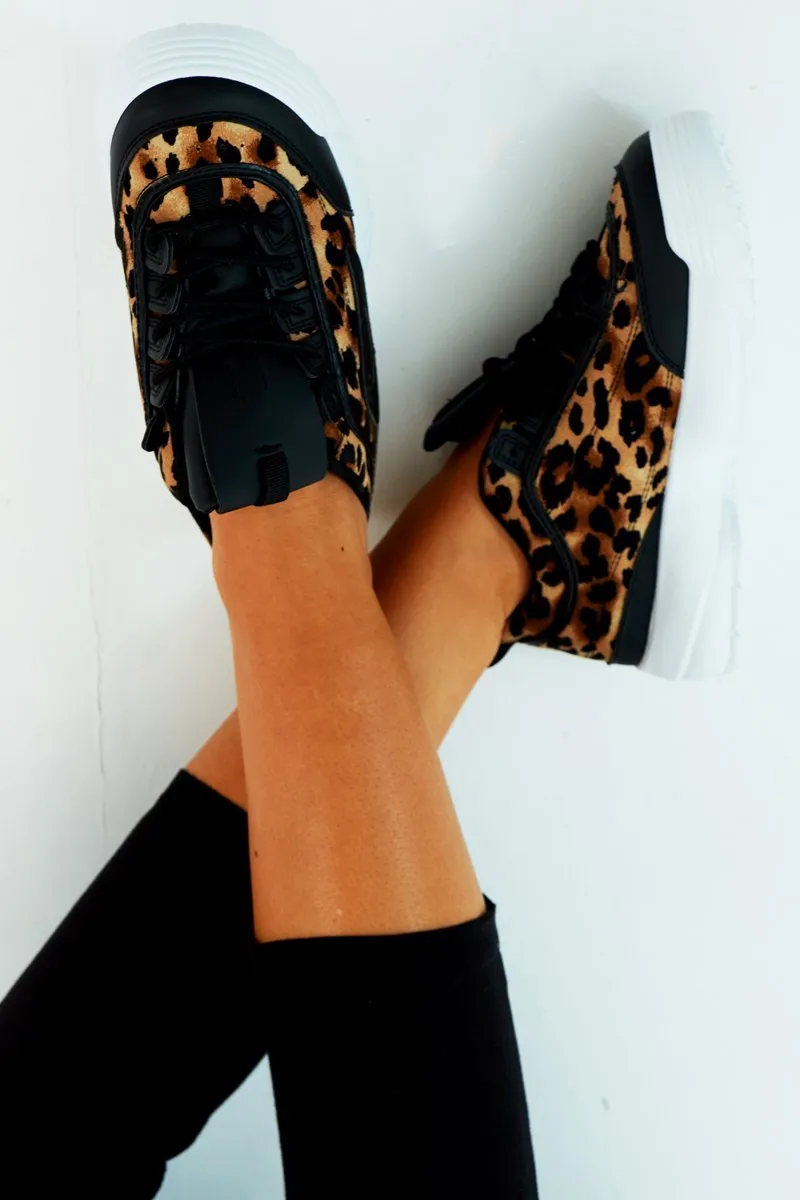 Black Leopard Print Lace Up Sole Detail Trainers - Talitha