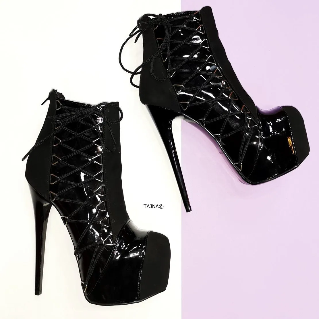 Black Patent Suede Side Corset Boots