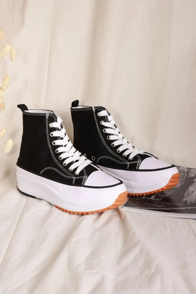 Black Platform Lace Up Canvas Shoes